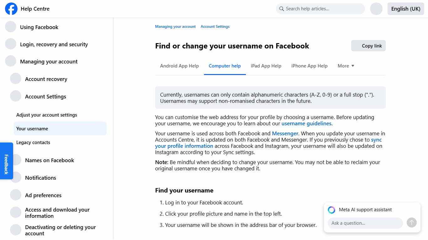 Find or change your username on Facebook Facebook Help Centre