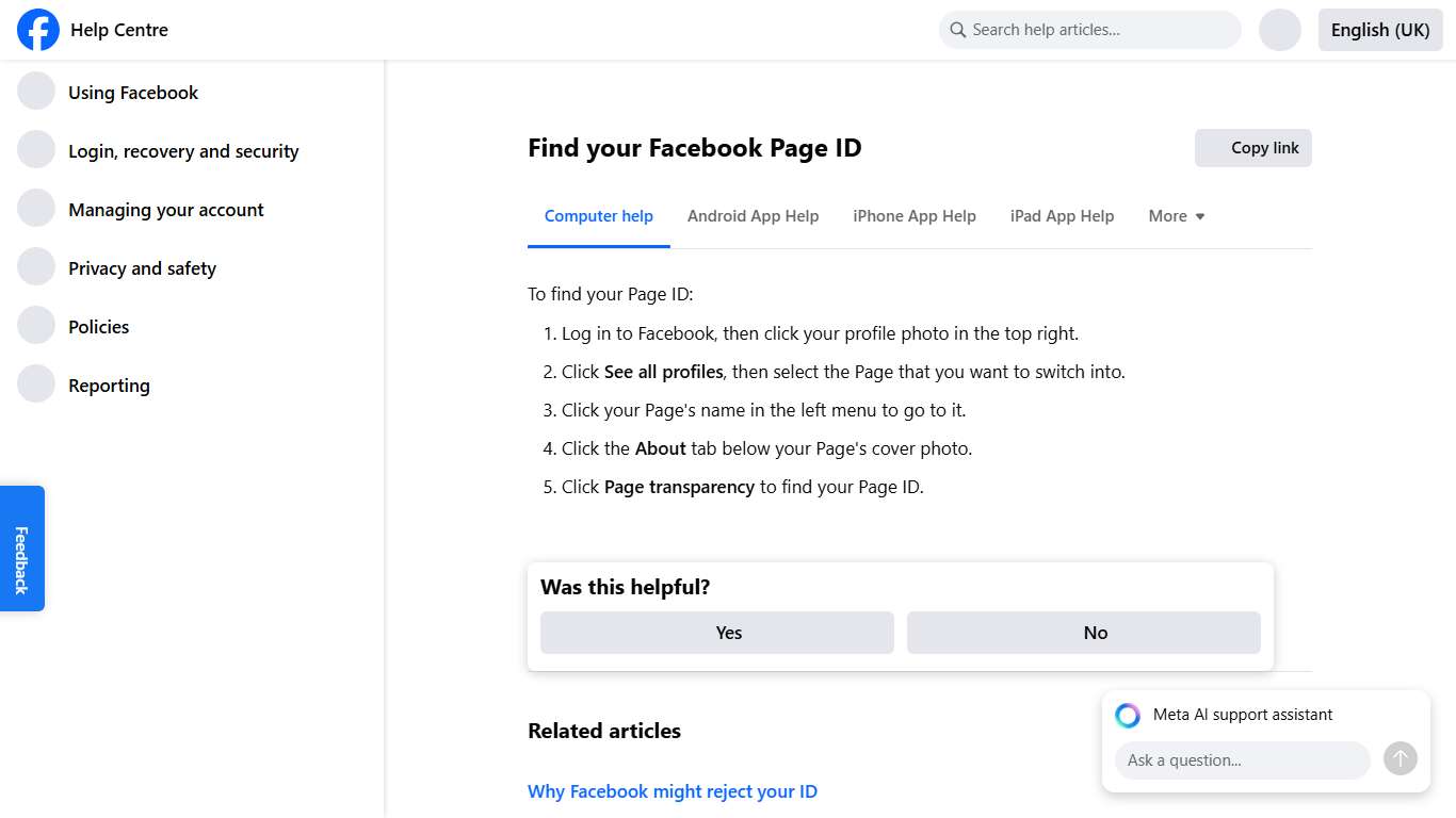 Find your Facebook Page ID Facebook Help Centre