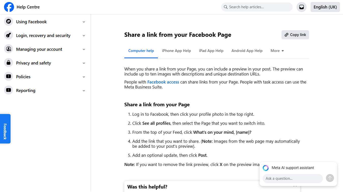Share a link from your Facebook Page Facebook Help Centre
