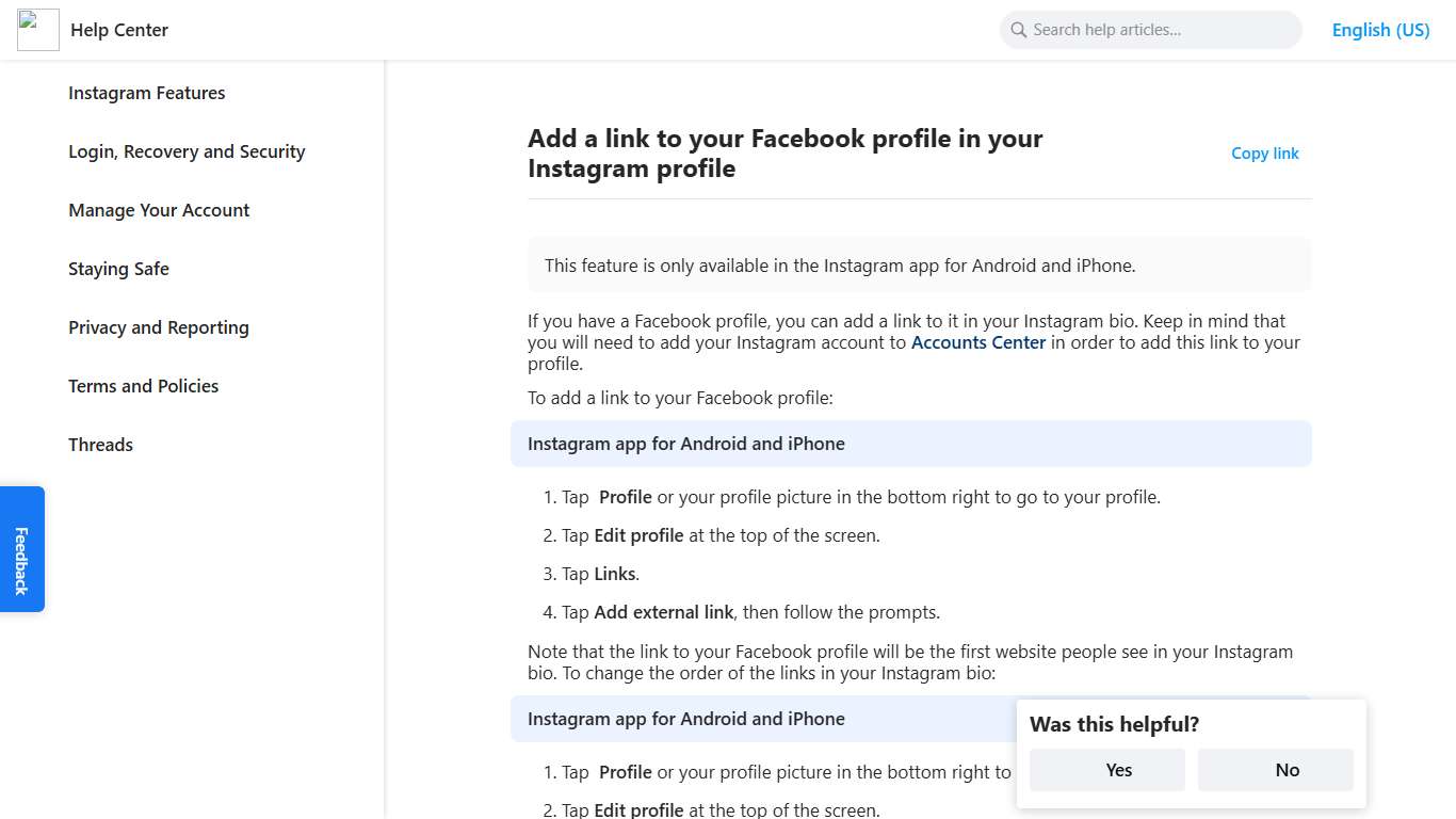 Add a link to your Facebook profile in your Instagram profile Instagram Help Center